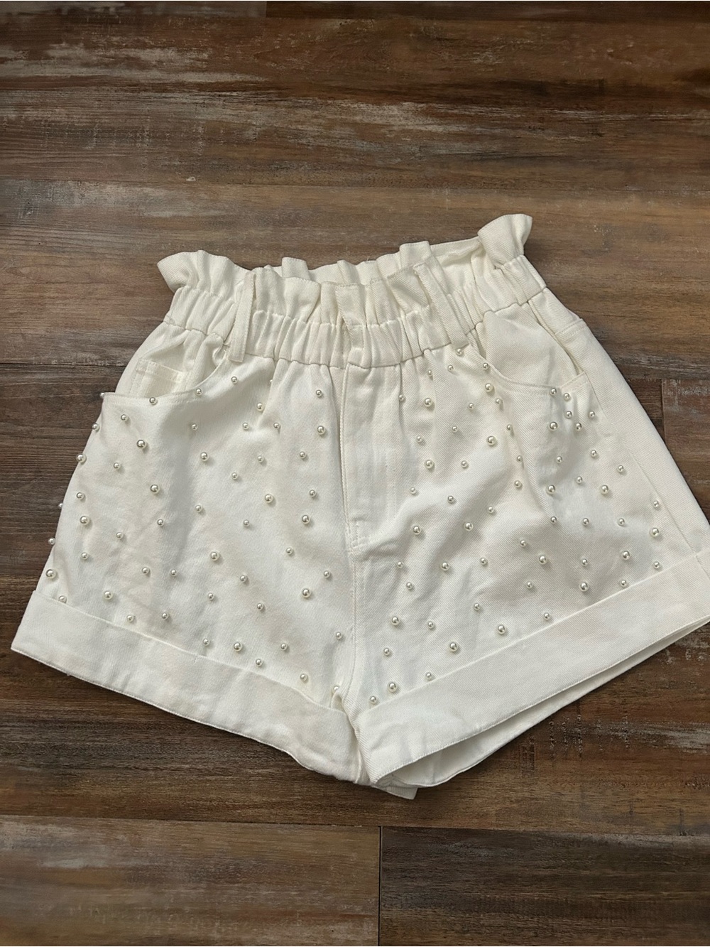 Fantastic Fawn Cream High-Waist Paperbag Shorts with Pearl Detail